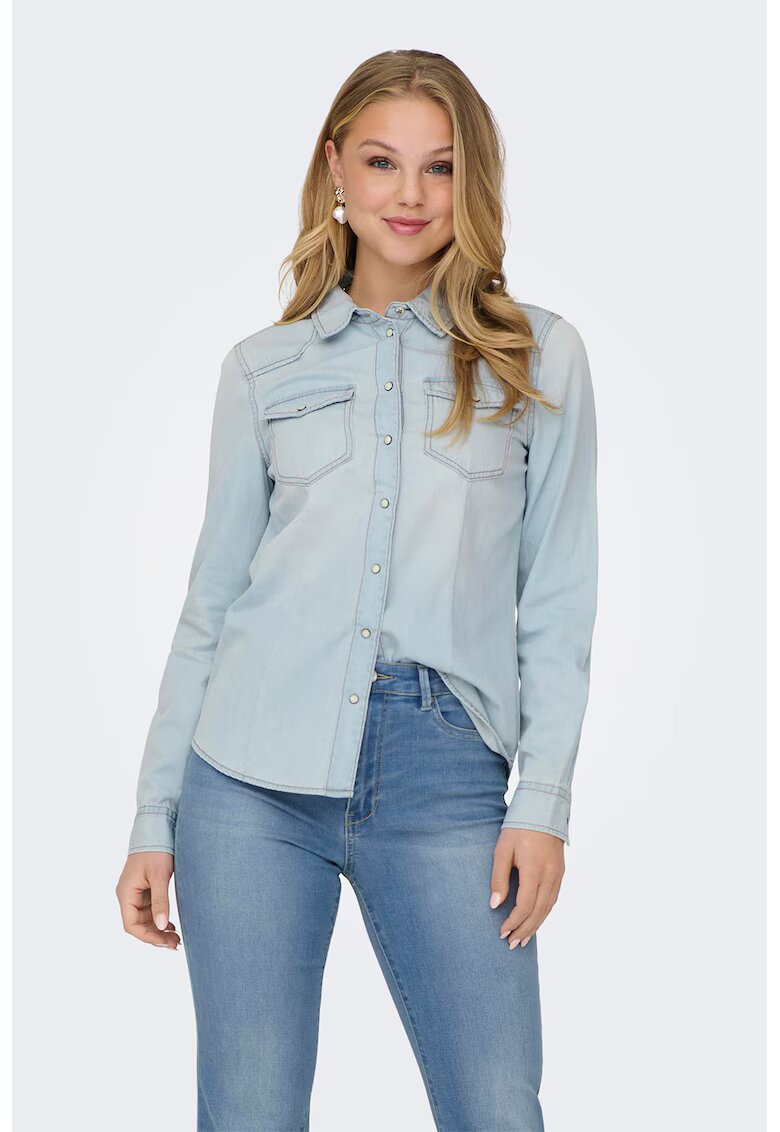 Only Camasa de denim cu buzunare pe piept - Albastru deschis