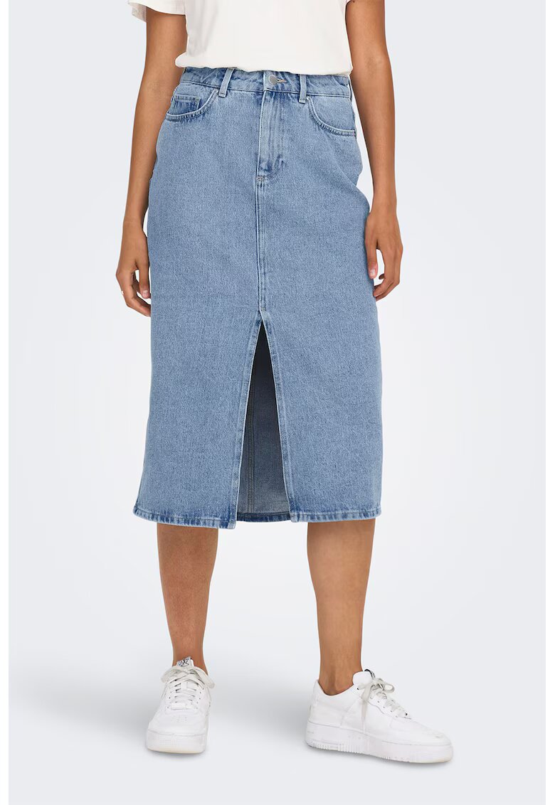 Only Fusta de denim cu slit frontal Bianca - Albastru melange