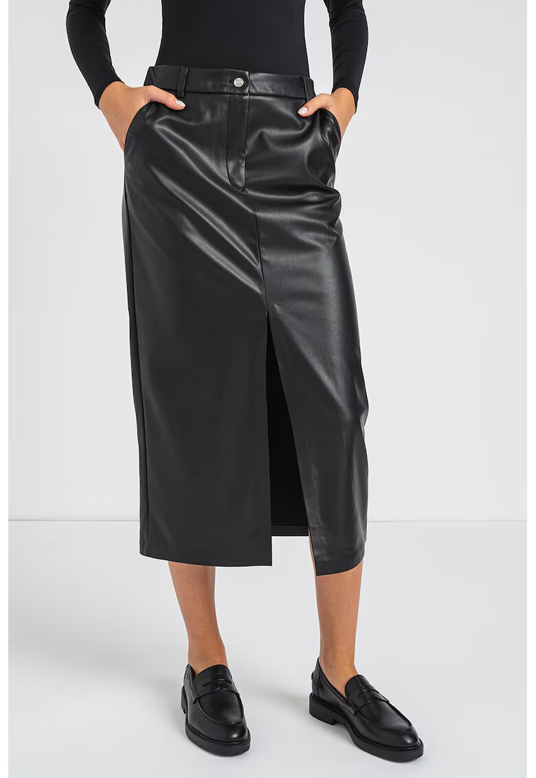 Only Fusta de piele ecologica cu slit frontal - Negru