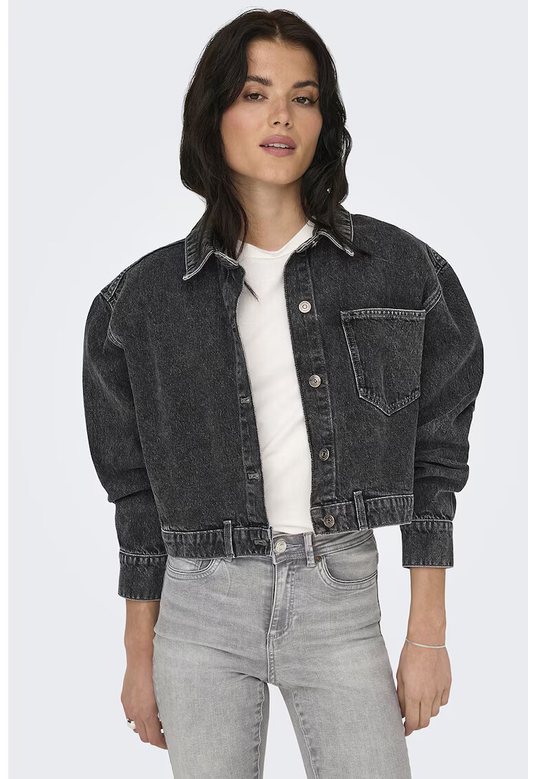 Only Jacheta crop de denim cu maneci cazute - Gri inchis