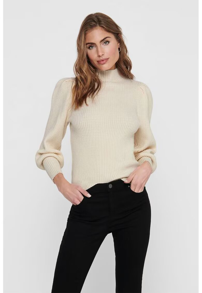 Only Pulover cu guler inalt - striatii si maneci bufante - Crem
