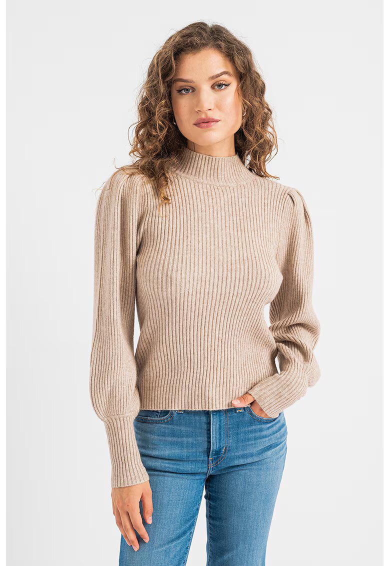 Only Pulover cu guler inalt - striatii si maneci bufante - Maro taupe