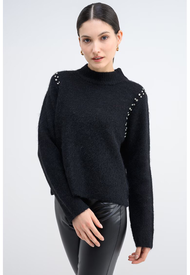 Only Pulover cu guler scurt si aplicatii cu strasuri - Negru/Argintiu