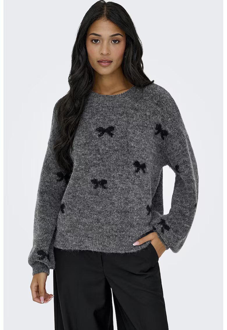 Only Pulover cu model si decolteu la baza gatului - Negru/Gri inchis