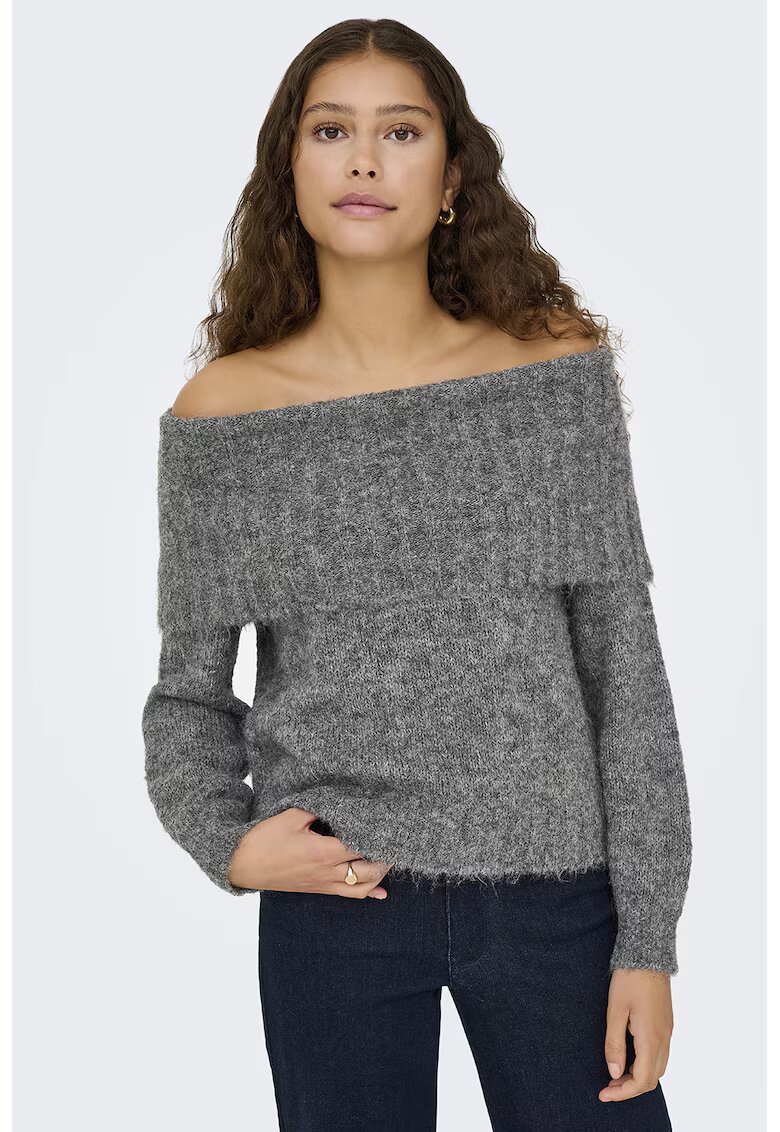 Only Pulover din amestec de lana cu decolteu pe umeri - Gri inchis melange