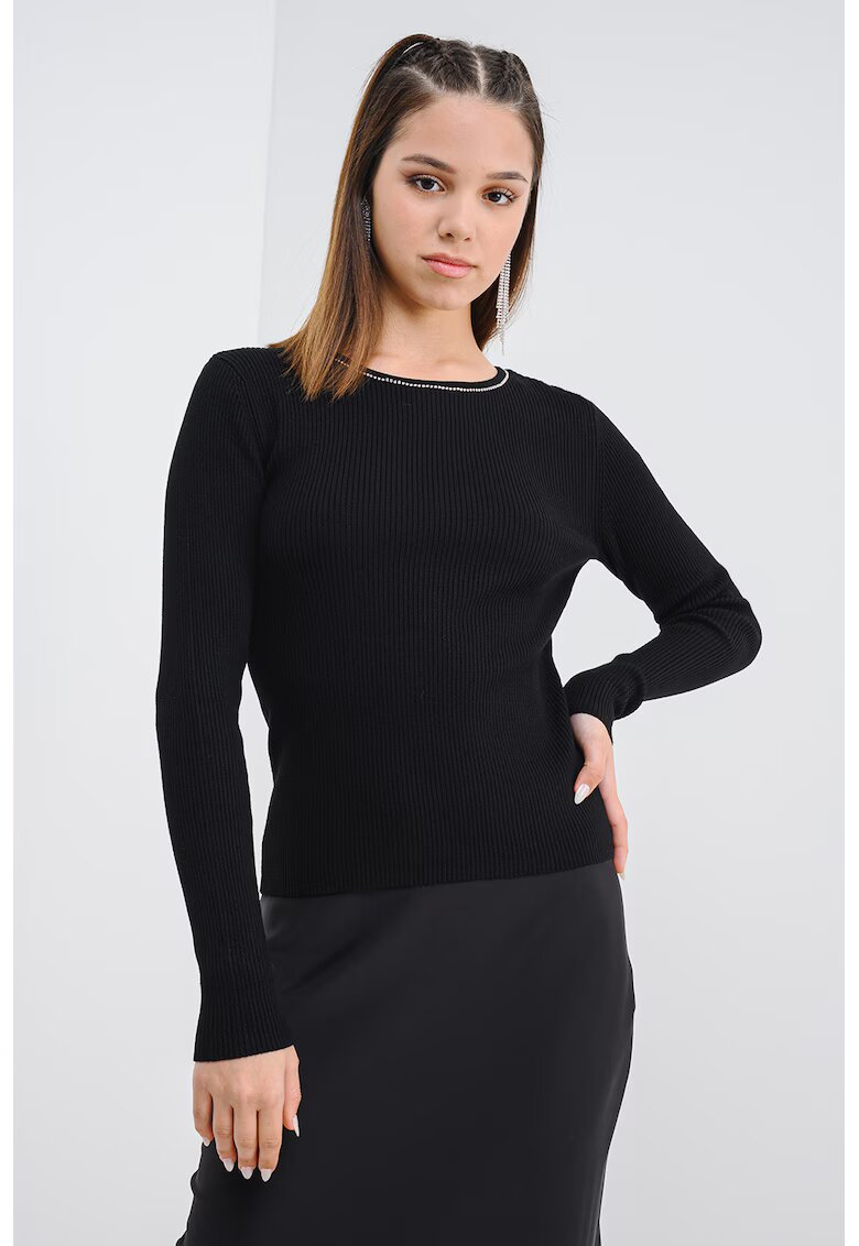 Only Pulover slim fit cu decolteu la baza gatului si striatii - Negru/Argintiu