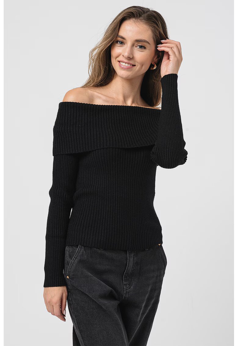 Only Pulover striat cu decolteu pe umeri Katia - Negru