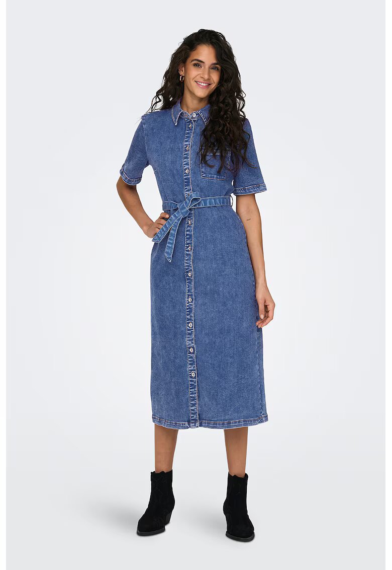 Only Rochie de denim cu nasturi - Albastru melange