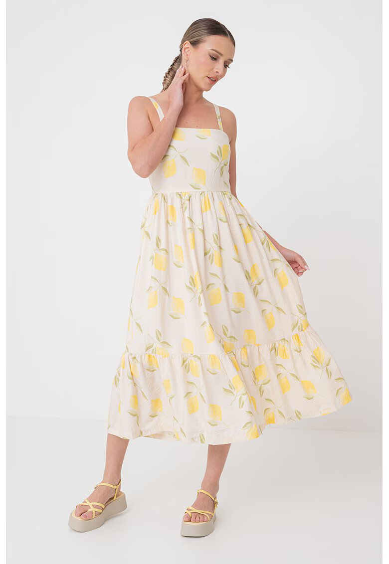 Only Rochie midi evazata cu decolteu patrat - Galben deschis/Bej deschis