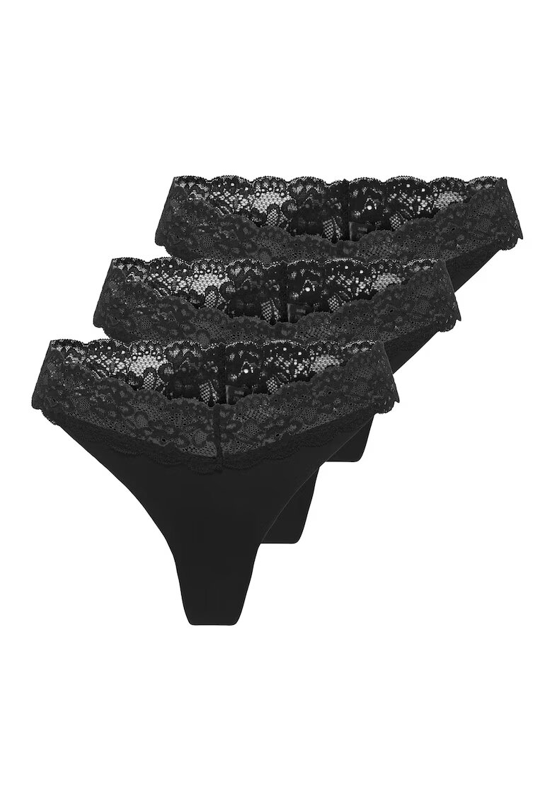 Only Set de chiloti tanga cu garnituri din dantela Chloe - 3 perechi - Negru