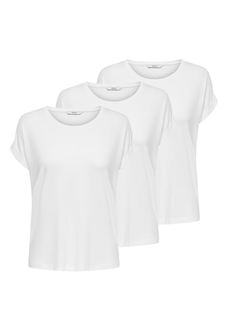 Only Set de tricouri cu model uni si decolteu la baza gatului - 3 piese - Alb