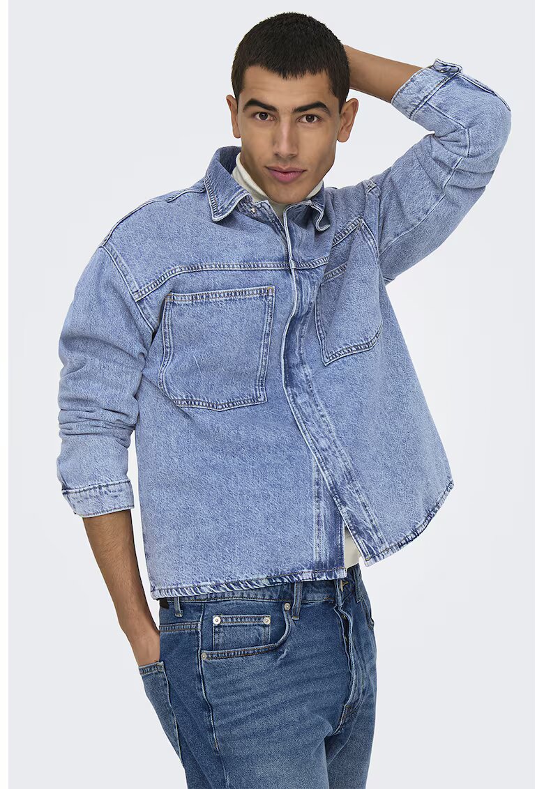 Only  Sons Jacheta de denim cu buzunare pe piept - Albastru melange