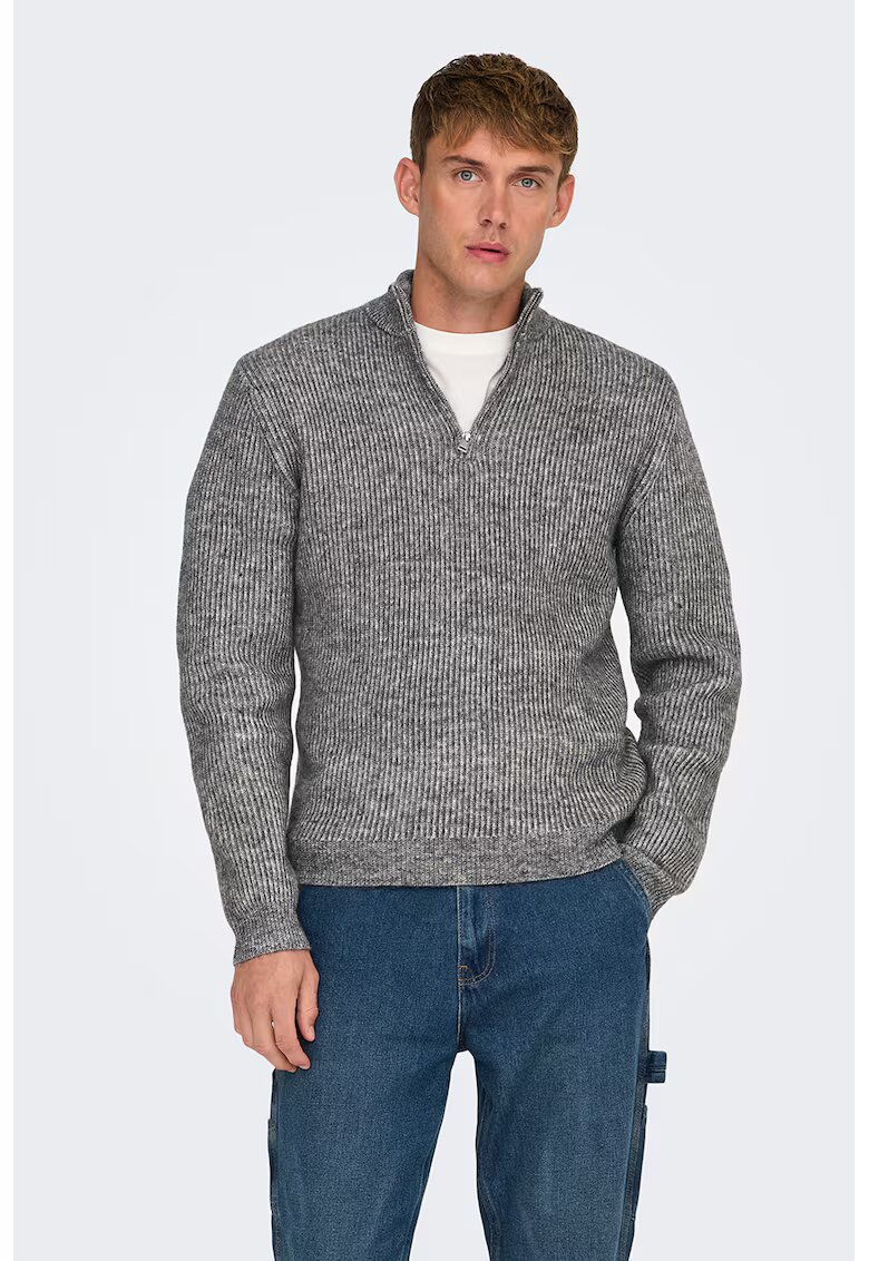 Only & sons Pulover cu fenta cu fermoar - Gri melange