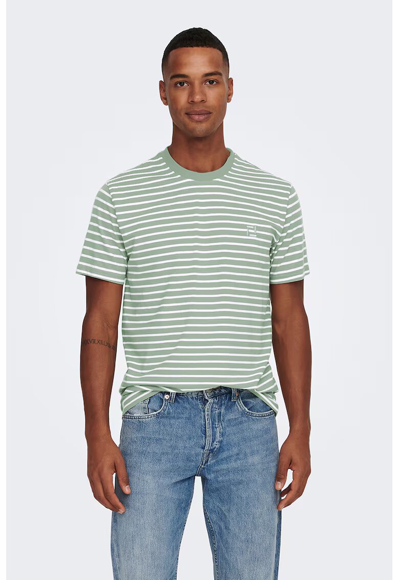 Only  Sons Tricou in dungi cu decolteu la baza gatului - Alb/Verde