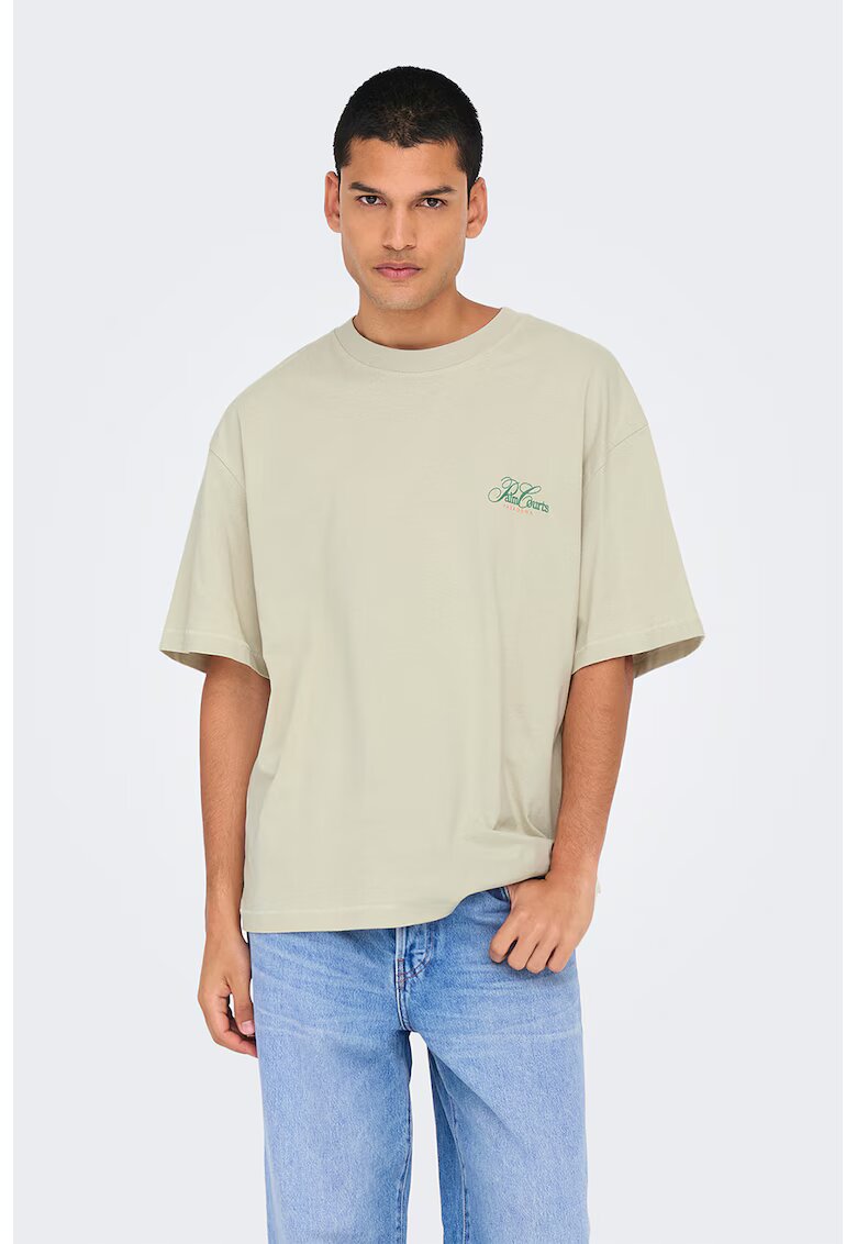 Only & sons Tricou lejer cu imprimeu grafic si model text pe partea din spate - Verde/Verde pal