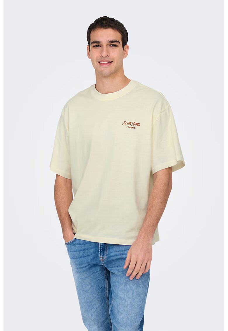 Only  Sons Tricou lejer cu maneci cazute si imprimeu pe partea din spate - Portocaliu/Crem