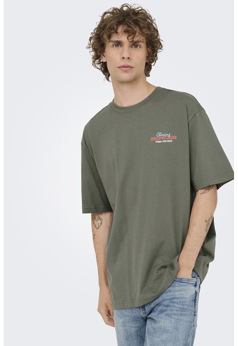 onlysons Tricou lejer din bumbac organic cu imprimeu grafic - Verde feriga