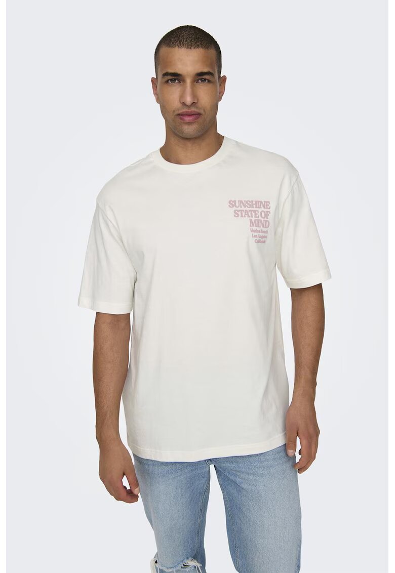 Only  Sons Tricou relaxed fit cu imprimeu text - Alb murdar/Roz prafuit