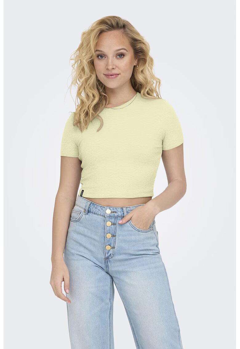 Only Tricou crop cu decolteu la baza gatului - Galben deschis