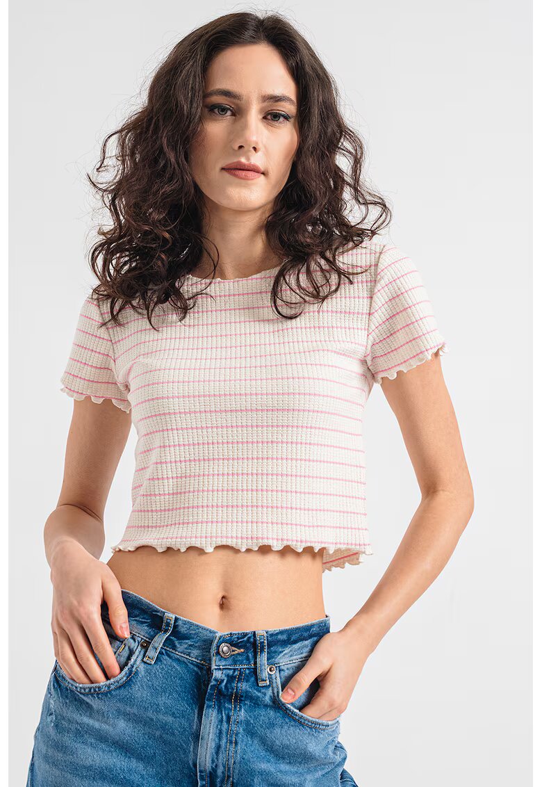 Only Tricou crop cu model in dungi - Roz/Crem
