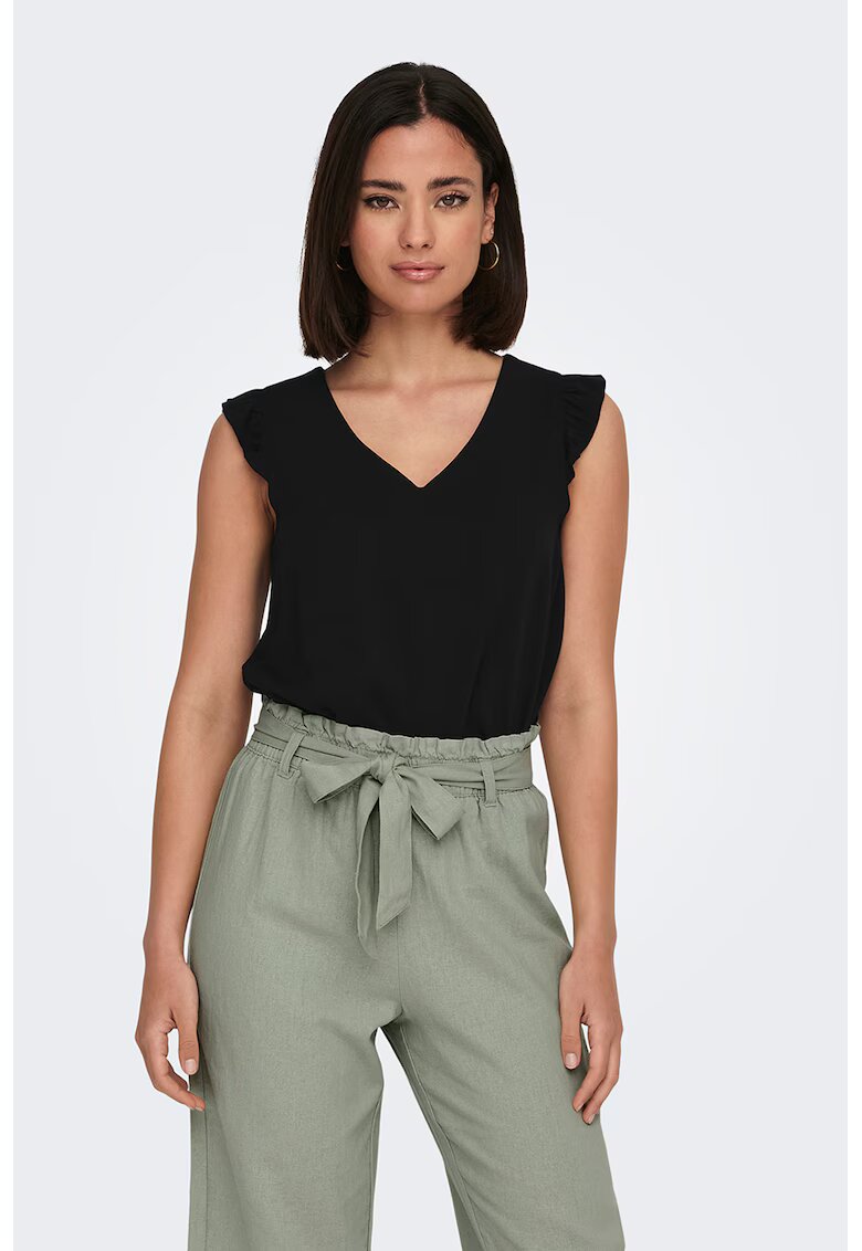 Only Tricou cu decolteu in V si maneci cu volane