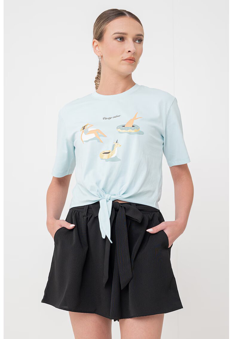 Only Tricou cu decolteu la baza gatului si detaliu cu imprimeu - Albastru aquamarin