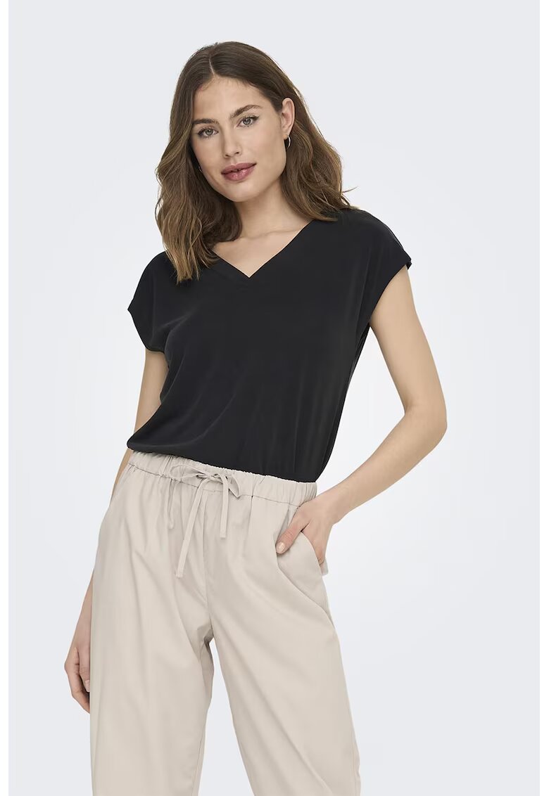 Only Tricou din amestec de modal cu decolteu in V - Negru