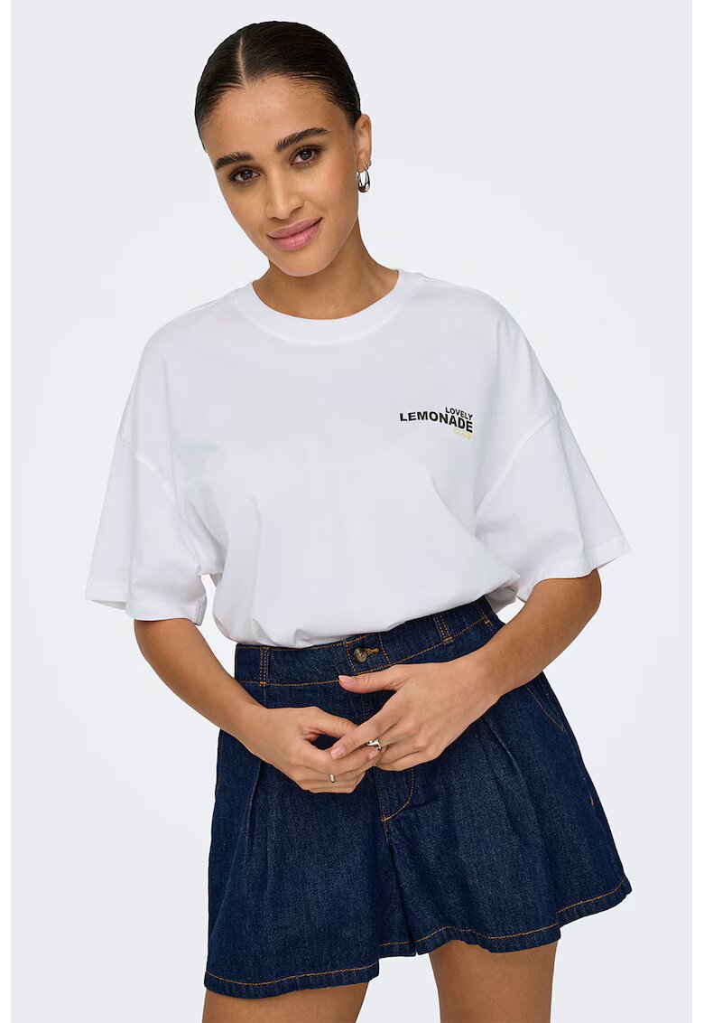 Only Tricou din bumbac organic cu imprimeu si maneci cazute - Alb/Galben