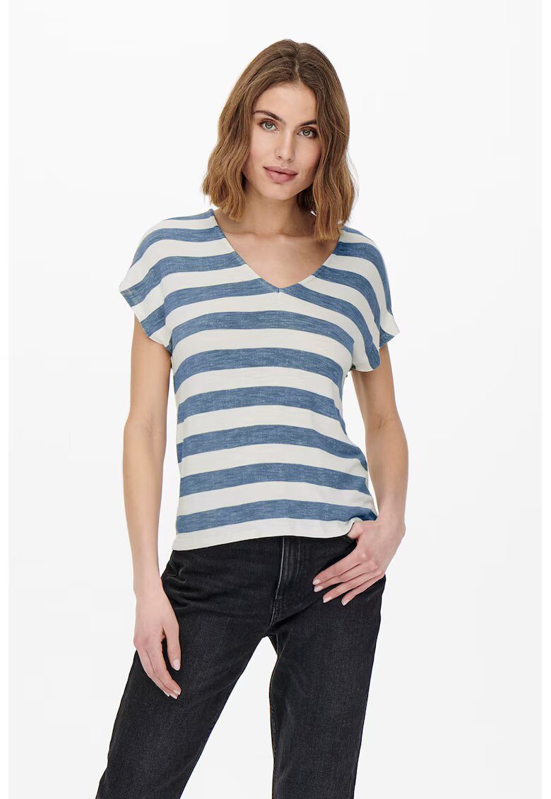 Only Tricou in dungi cu decolteu in V Lira - Alb/Albastru