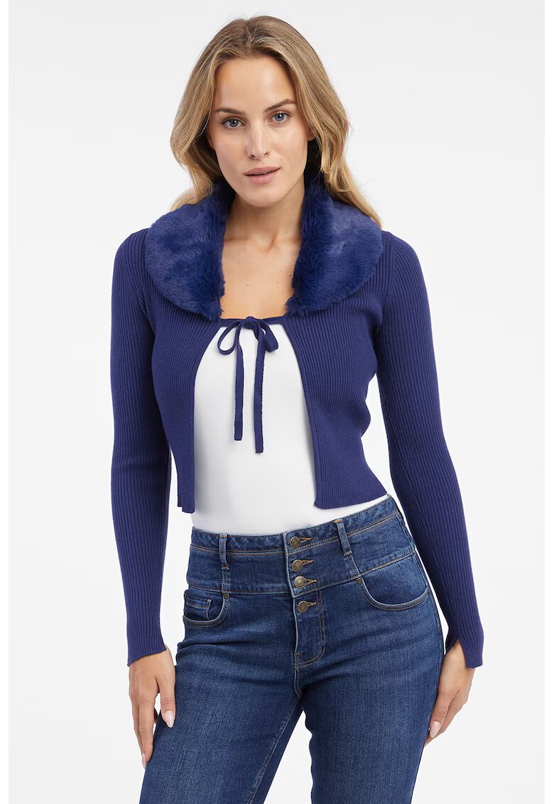Orsay Cardigan crop cu snur si blana sintetica - Albastru indigo