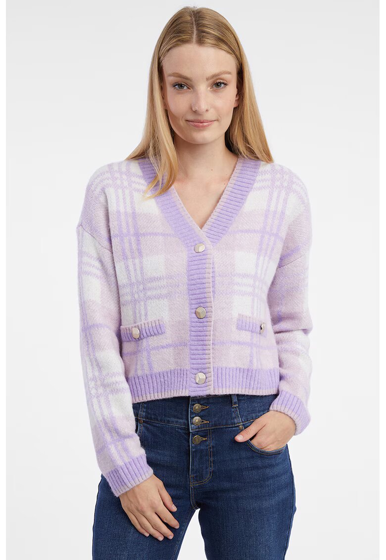 Orsay Cardigan cu decolteu in V - model in carouri si nasturi - Violet deschis/Lila