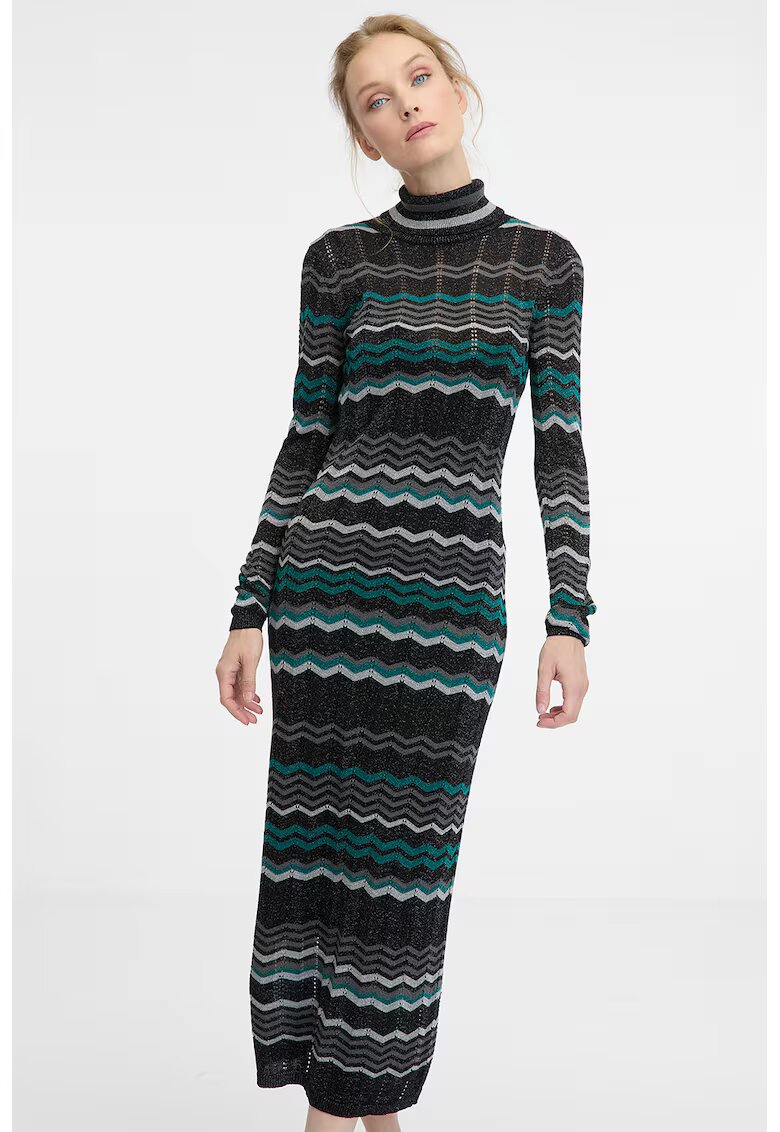 Orsay Rochie midi din tricot cu guler scurt - Negru/Gri deschis/Verde aquamarin