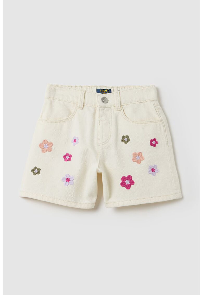 OVS Blugi scurti cu broderie florala - Alb fildes/Kaki/Roz