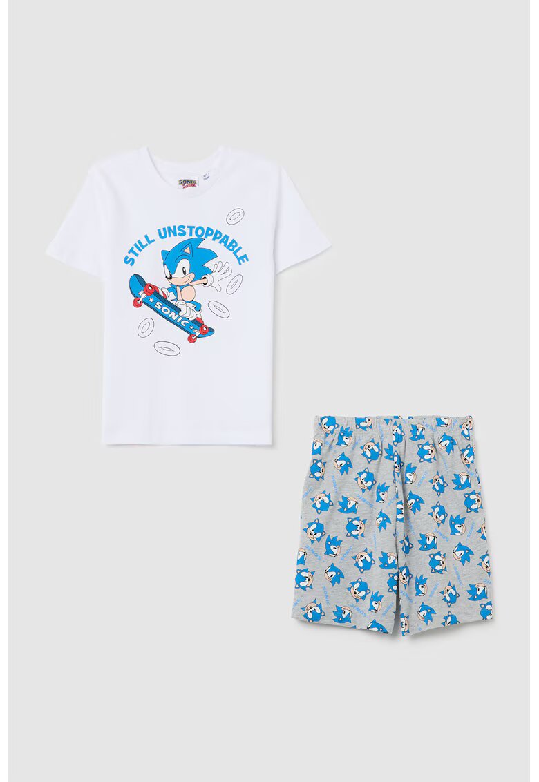 OVS Pijama cu pantaloni scurti si imprimeu desene animate - Alb/Gri melange/Albastru deschis