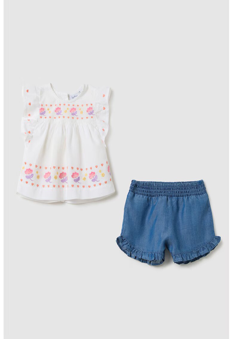 OVS Set de bluza si pantaloni scurti din denim - 2 piese - Albastru petrol/Alb optic