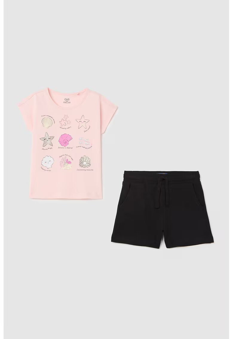 OVS Set de pantaloni scurti si tricou din bumbac cu imprimeu - Negru/Roz pal