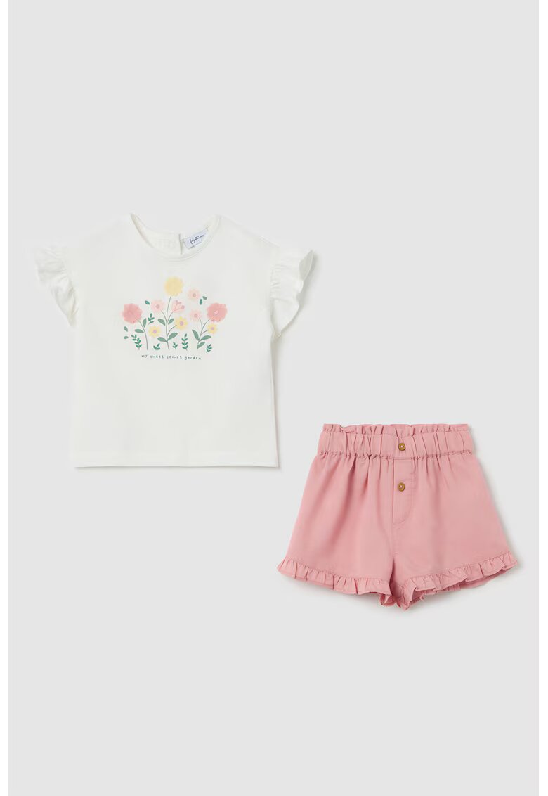 OVS Set de tricou cu model floral si pantaloni scurti - Alb/Verde/Roz prafuit