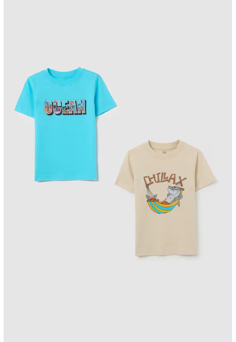 OVS Set de tricou de bumbac cu model grafic - 2 piese - Albastru glaciar/Maro camel