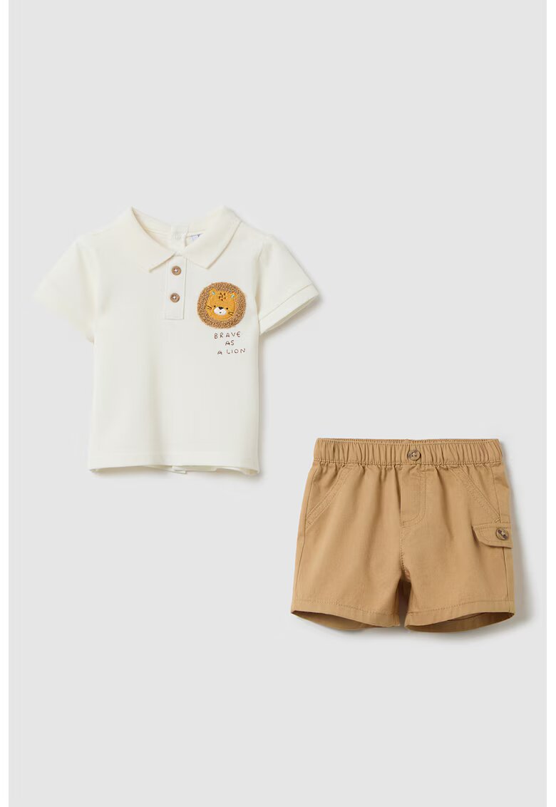 OVS Set de tricou polo si pantaloni scurti - 2 piese - Maro taupe/Crem