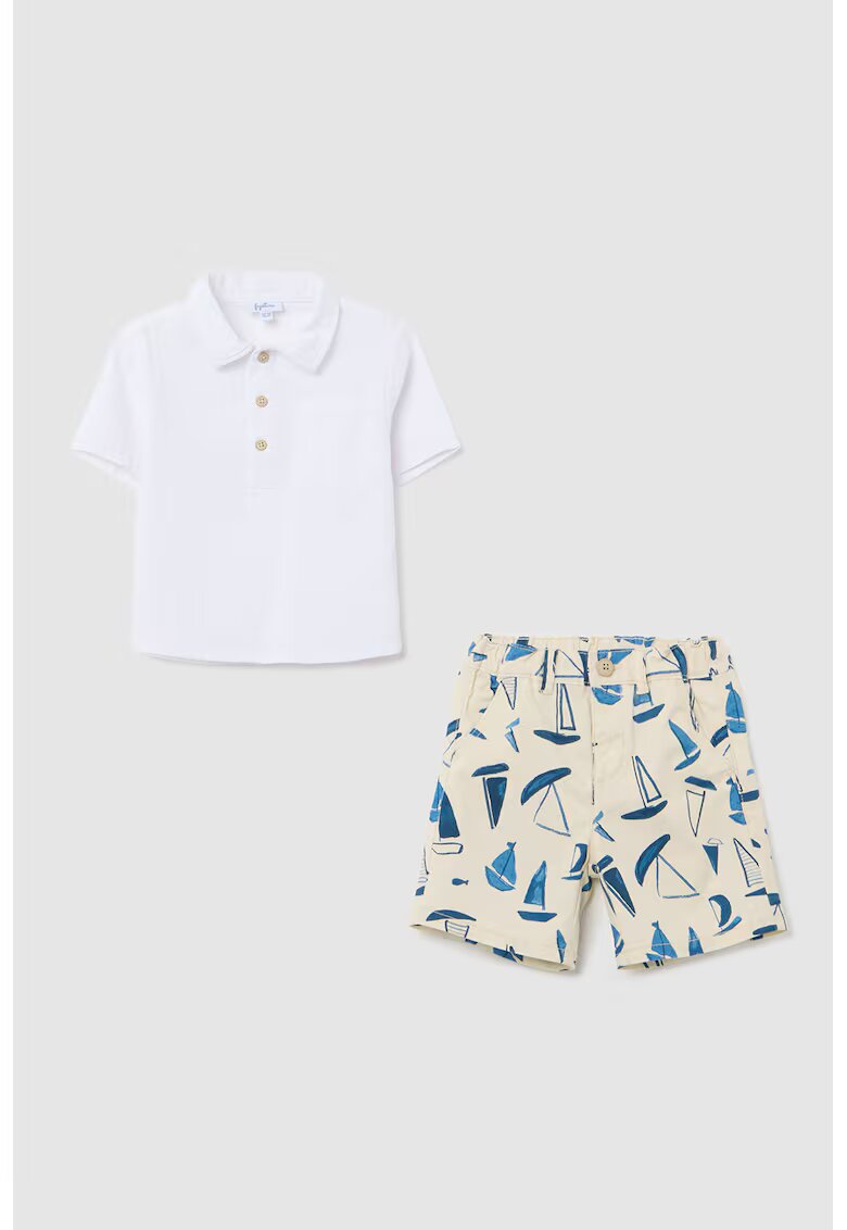 OVS Set de tricou polo si pantaloni scurti cu imprimeu - Bej/Alb optic/Albastru