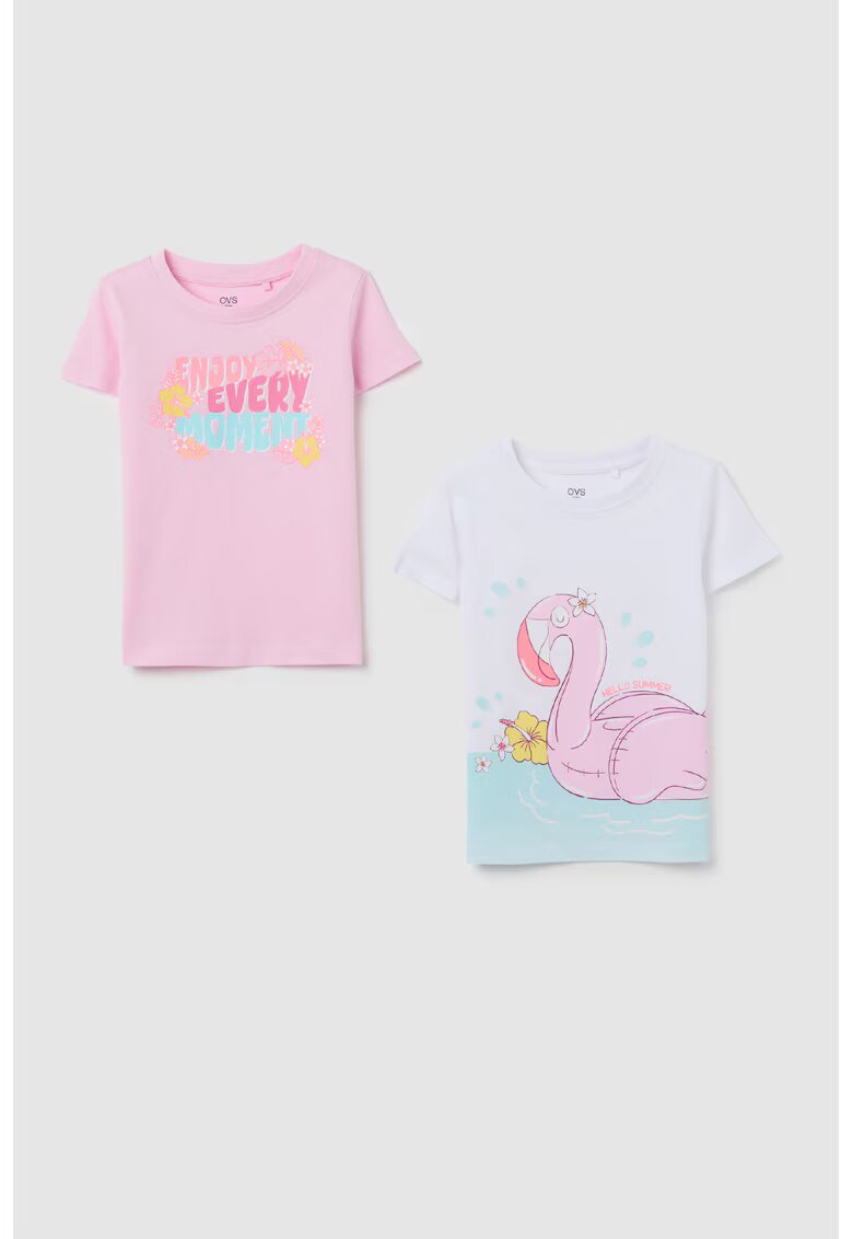 OVS Set de tricouri cu decolteu rotund si imprimeu - 2 Piese - Galben/Roz pastel