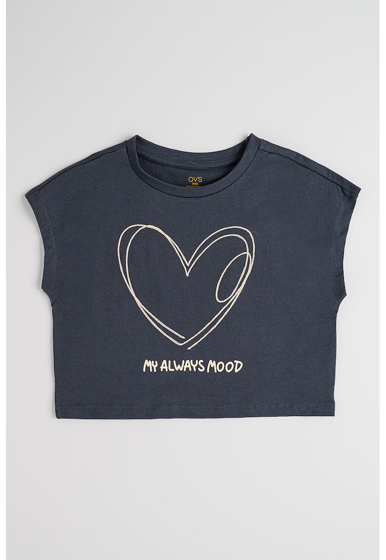 OVS Tricou crop de bumbac cu imprimeu - Gri antracit