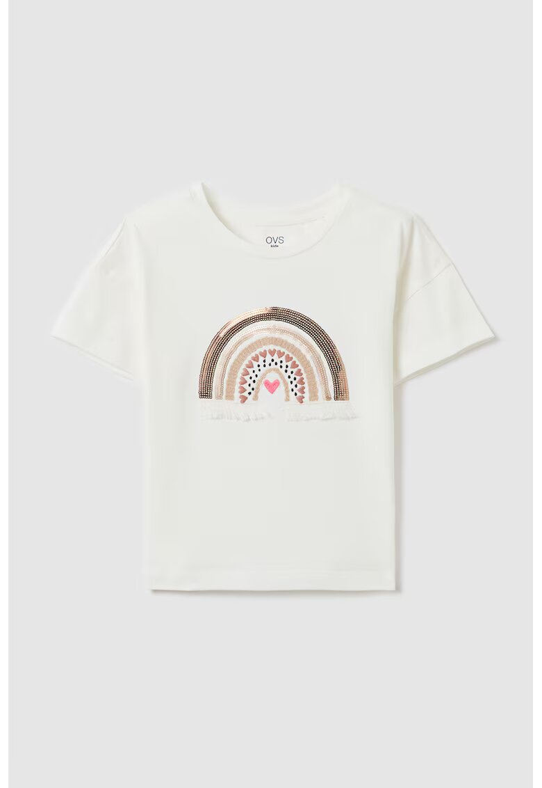 OVS Tricou cu strasuri si detaliu brodat - Alb/Maro