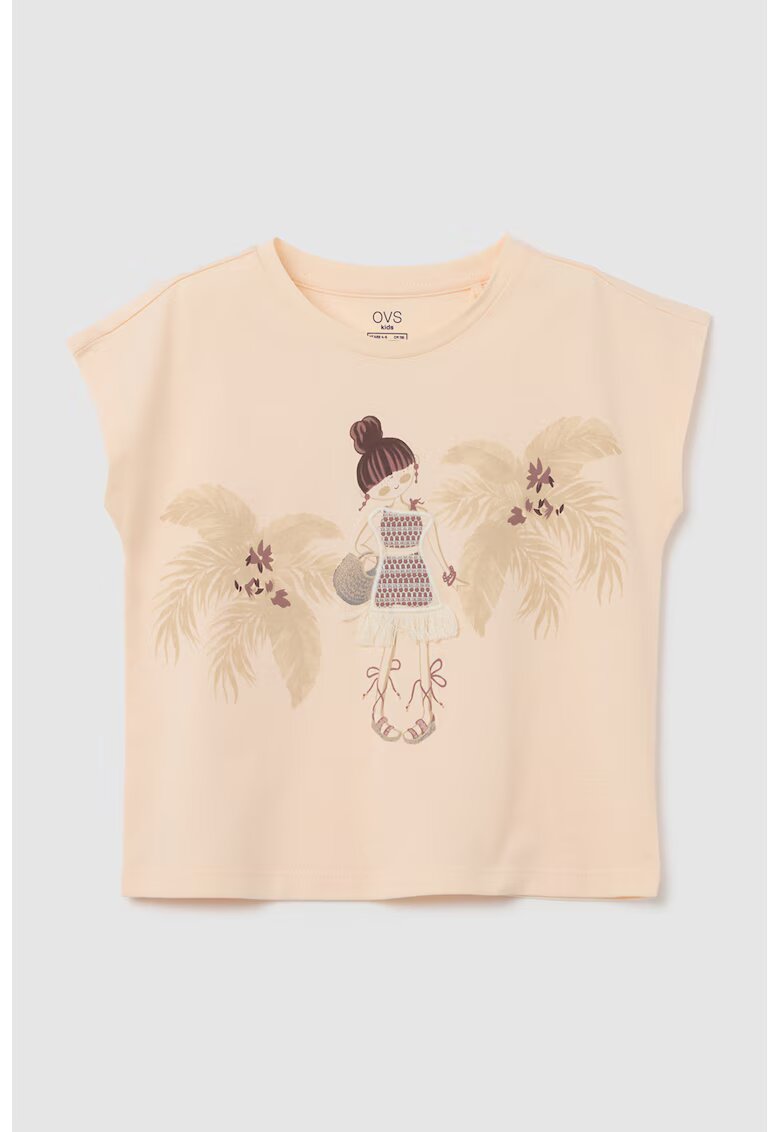 OVS Tricou din bumbac cu imprimeu si detaliu brodat - Roz somon