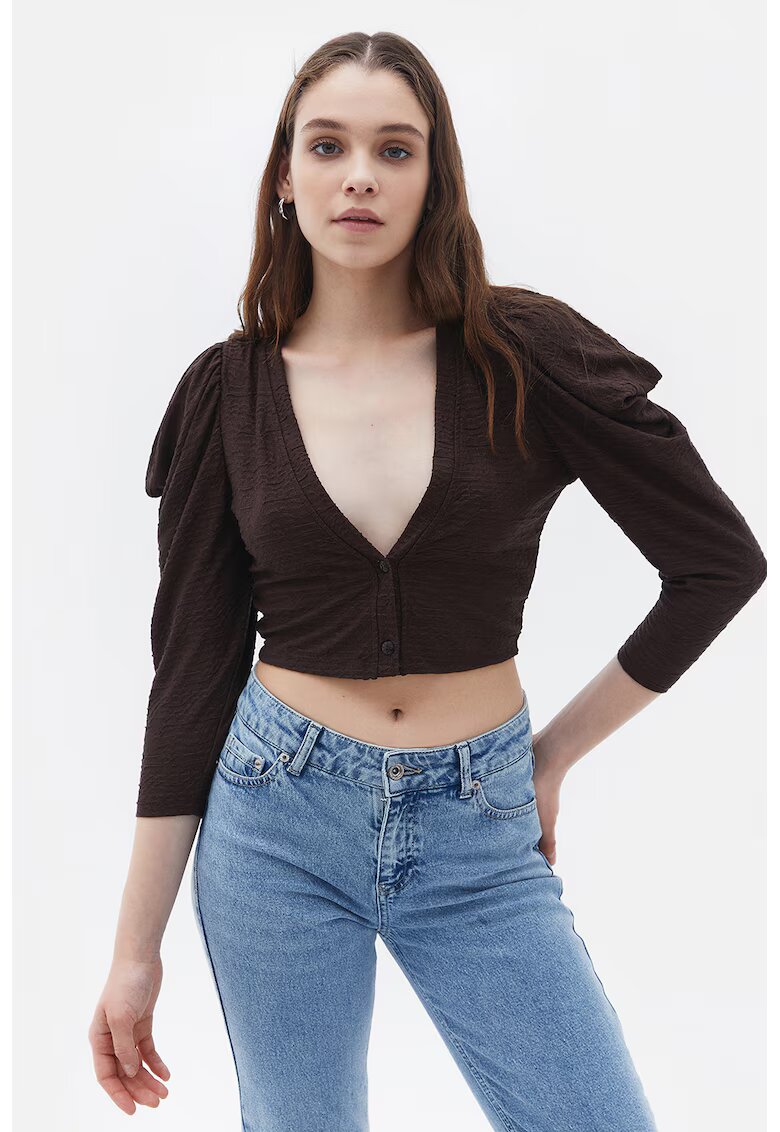 OXXO Bluza crop cu decolteu in V si maneci bufante - Maro inchis