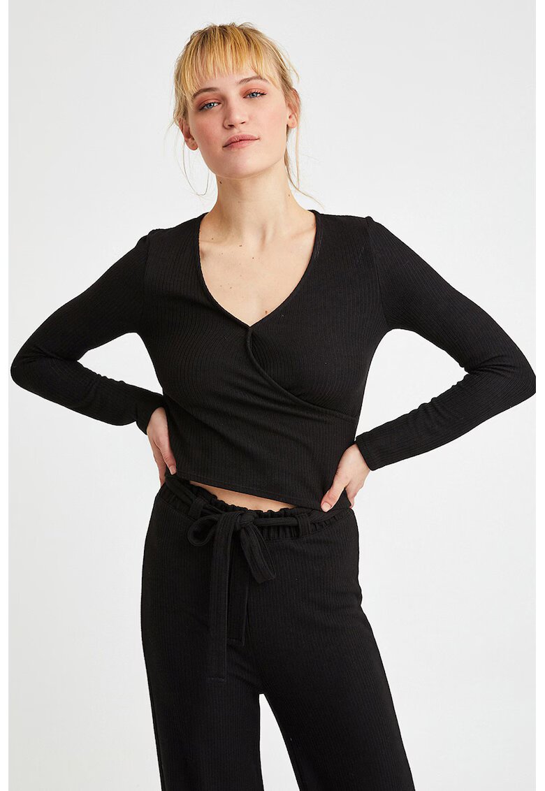 OXXO Bluza crop cu maneci lungi si decolteu in V - Negru
