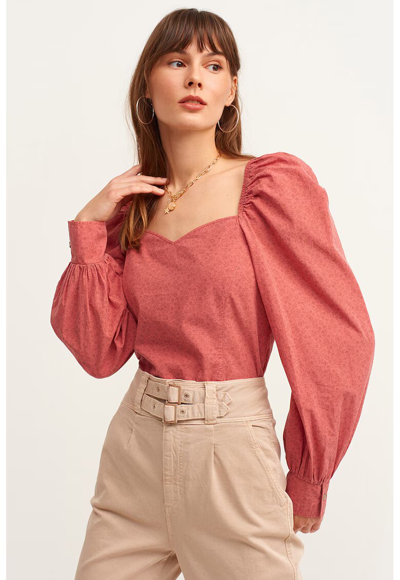 OXXO Bluza de bumbac cu maneci bufante si decolteu sweetheart - Coral