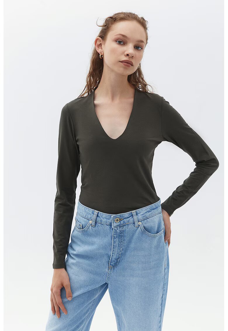 OXXO Bluza slim fit cu decolteu in U - Kaki inchis