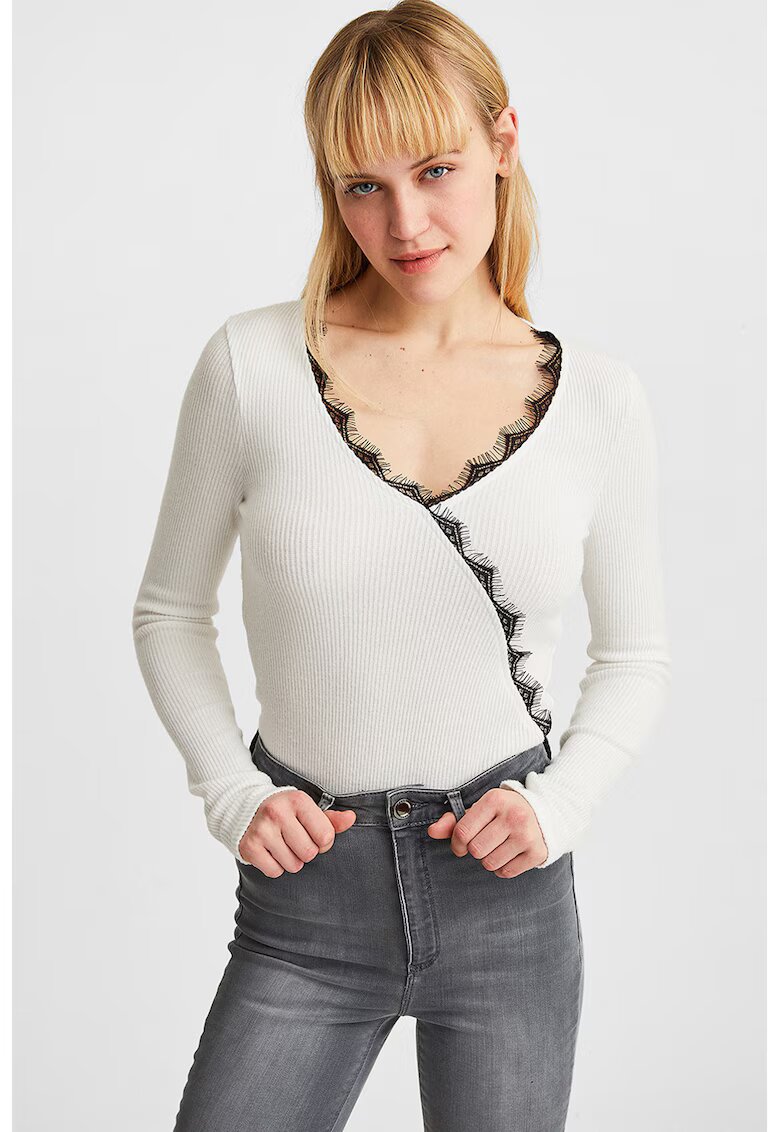 OXXO Bluza slim fit striata cu detalii de dantela - Alb