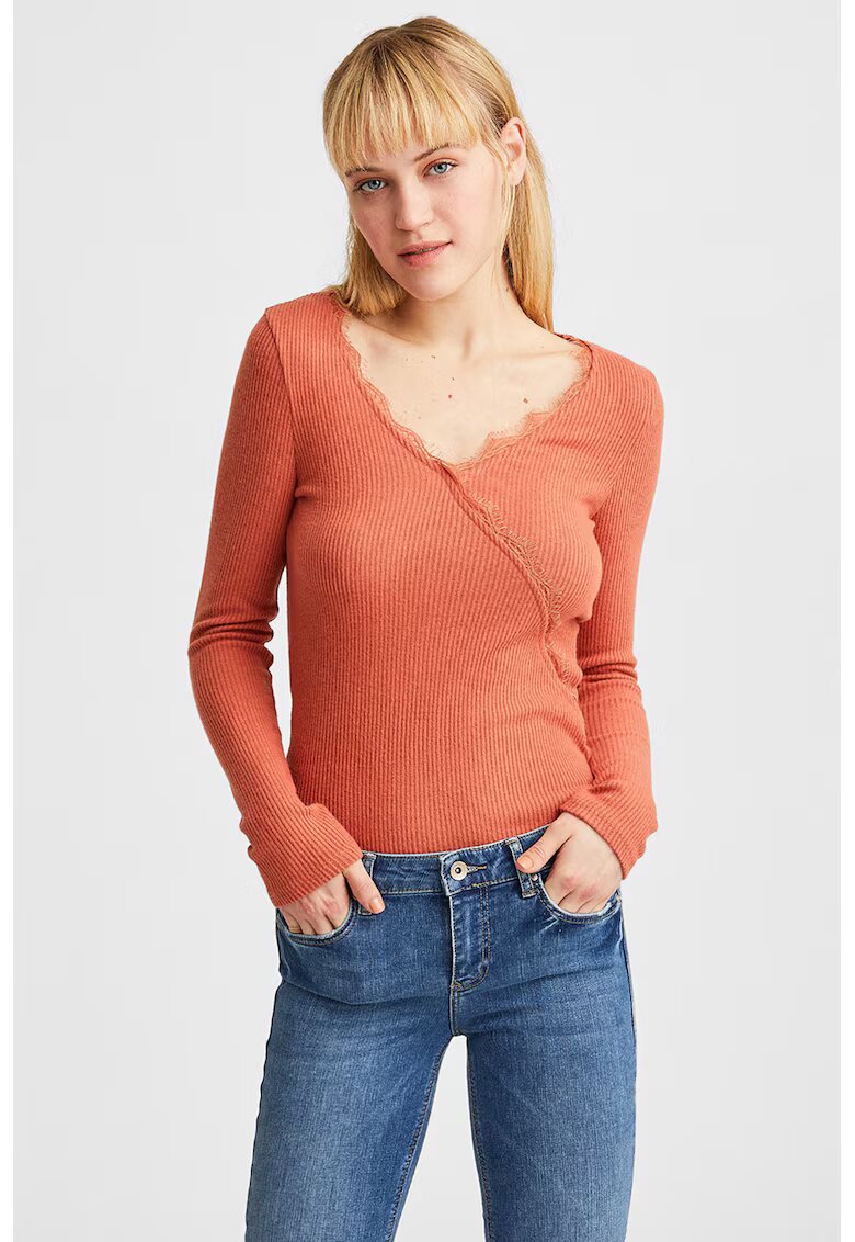 OXXO Bluza slim fit striata cu detalii de dantela - Caramiziu